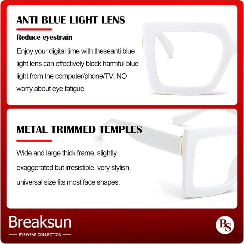 Breaksun Oversized Blue Light Glasses for Women Fashion Thick Square Computer Eyewear Non-Prescription Black Glasses (White) - Image 3